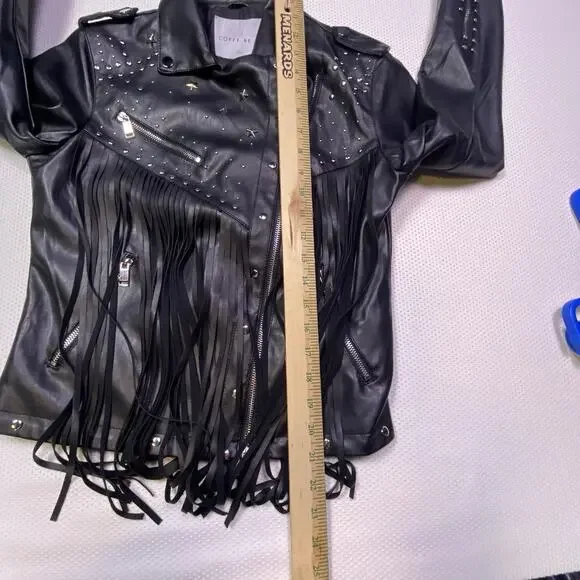 Coffee Bean Star Studded Faux Leather Fringe Black Moto Motorcycle Jacket Medium - Picture 12 of 13